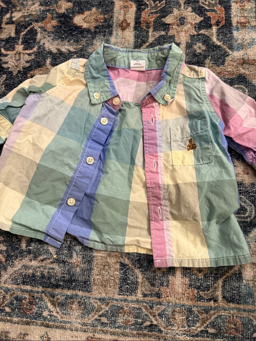 Pastel Plaid Button-Front Kids Shirt with Bear Detail